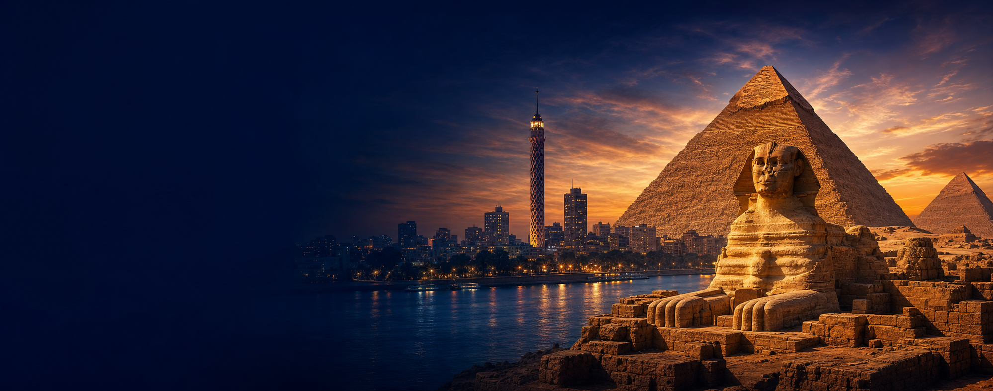 Sphinx, pyramids and Cairo skyline at sunset