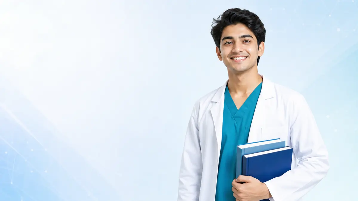 Young male medical student holding blue study books